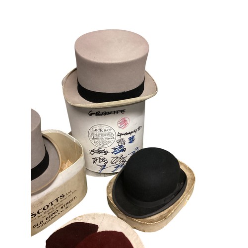 249 - Hats, 2 grey Top hats, 2 Bowler hats, 2 Fez, Trilby, Panama, see photos for details.