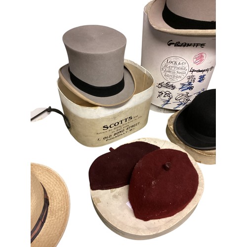 249 - Hats, 2 grey Top hats, 2 Bowler hats, 2 Fez, Trilby, Panama, see photos for details.