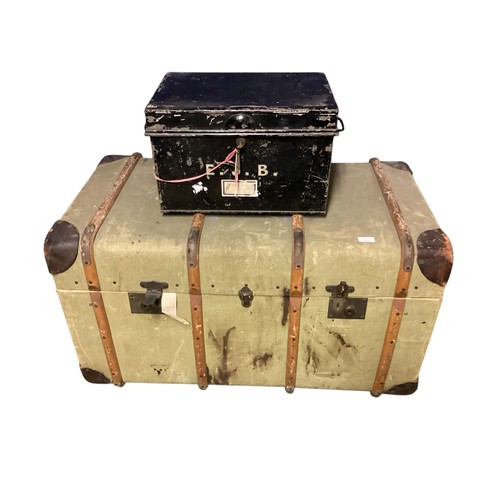 255 - Two vintage travelling trunks and a metal deed box, see photos for details and condition.