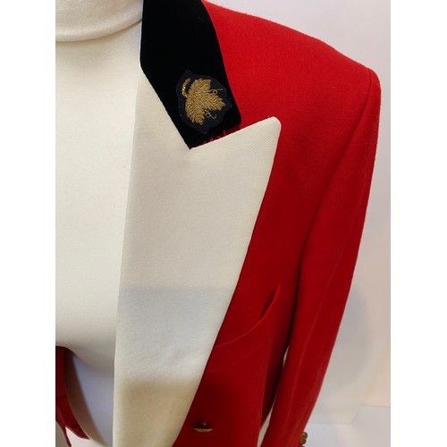 227 - Red evening hunting coat with white lapels, black velvet collar, gold vine leaf motifs on collar VWH... 