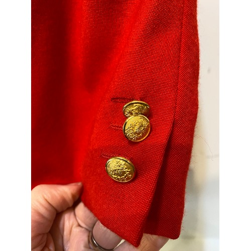 227 - Red evening hunting coat with white lapels, black velvet collar, gold vine leaf motifs on collar VWH... 