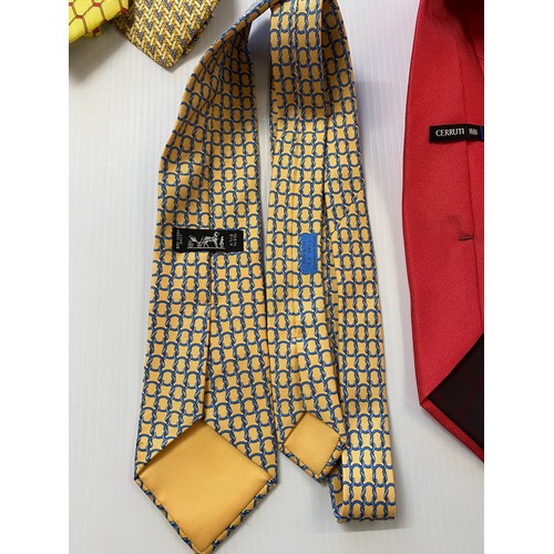 238 - Eight ties - HERMES yellow silk tie with blue overall pattern (mark), CERRUTI pink silk tie (small d... 