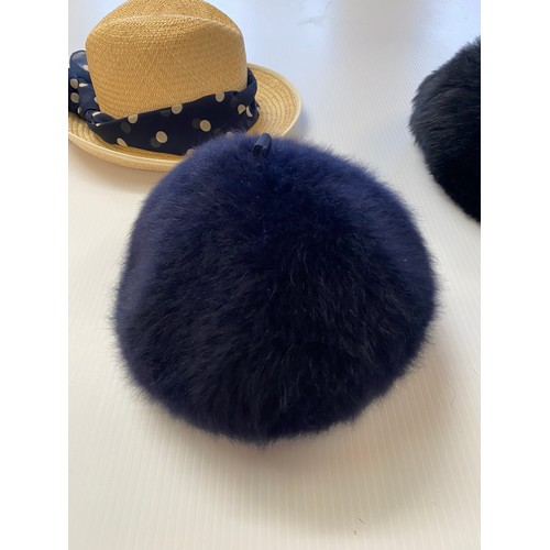 145 - Ladies hats to include - KANGOL part angora navy beret, black sheepskin brimless hat. John Boyd navy... 