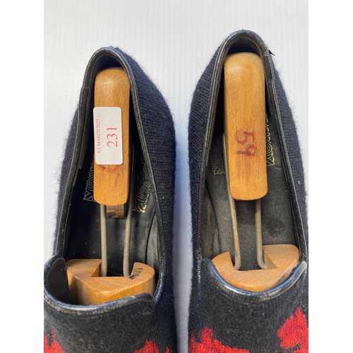 231 - Pair of embroidered slippers, The Chelsea Cobbler, size L. Sole measures 28cm, and wooden shoe trees... 