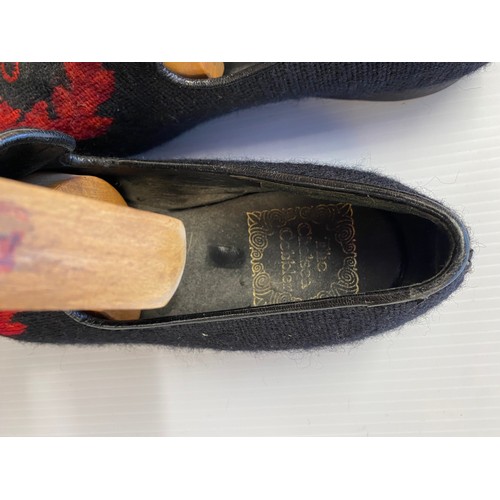 231 - Pair of embroidered slippers, The Chelsea Cobbler, size L. Sole measures 28cm, and wooden shoe trees... 