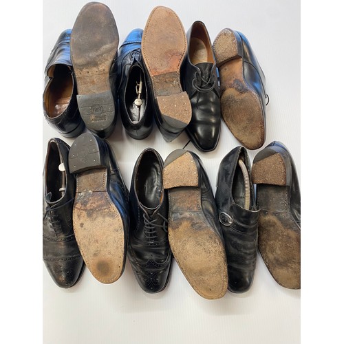 232 - six pairs of black leather shoes all approx size 8.