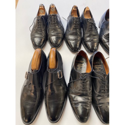 233 - six pairs of black leather shoes, all approx size 8.