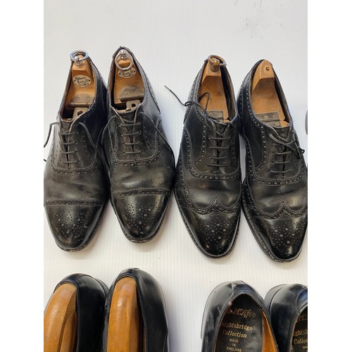 233 - six pairs of black leather shoes, all approx size 8.