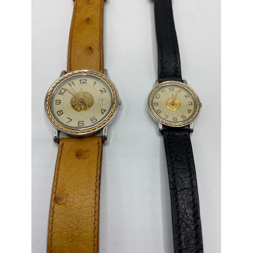 356 - THREE HERMES WATCHES to include a gents white metal and yellow metal wrist watch on brown leather st... 