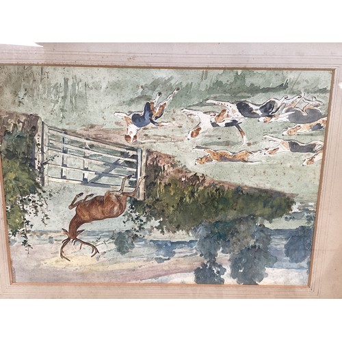 553 - Lionel Edwards, Watercolour, stag and hounds over a gate, signed lower right, and dated 1922,  with ... 