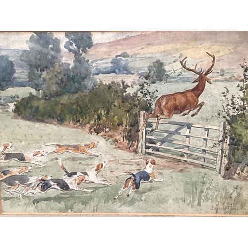 553 - Lionel Edwards, Watercolour, stag and hounds over a gate, signed lower right, and dated 1922,  with ... 