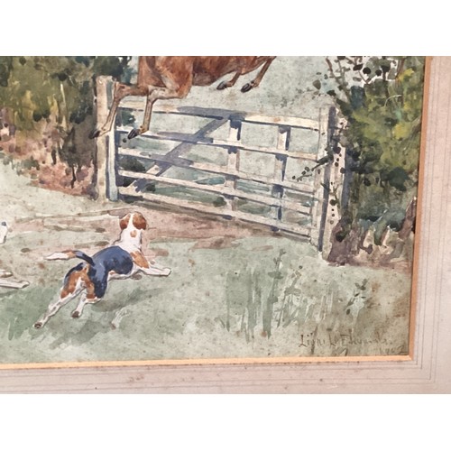 553 - Lionel Edwards, Watercolour, stag and hounds over a gate, signed lower right, and dated 1922,  with ... 