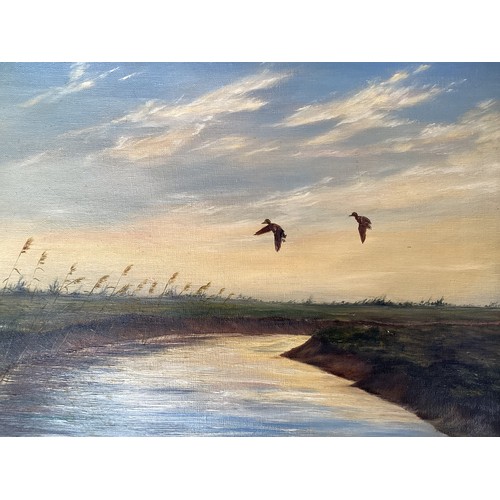 552 - Wooden framed oil on canvas, ducks above river,  signed lower left and dated G Campbell-Black, 1949,... 