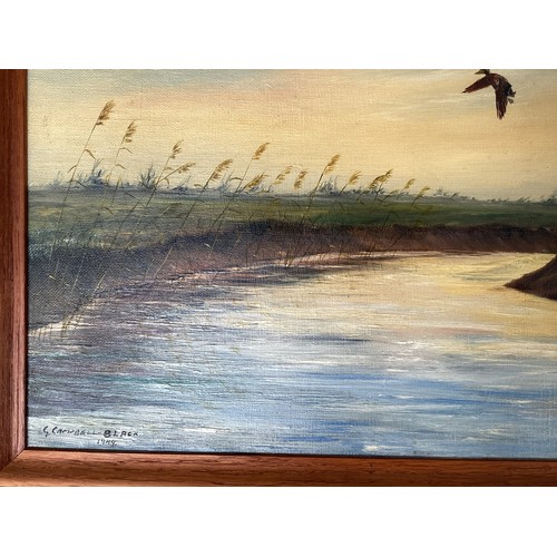 552 - Wooden framed oil on canvas, ducks above river,  signed lower left and dated G Campbell-Black, 1949,... 