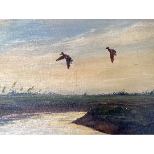 552 - Wooden framed oil on canvas, ducks above river,  signed lower left and dated G Campbell-Black, 1949,... 