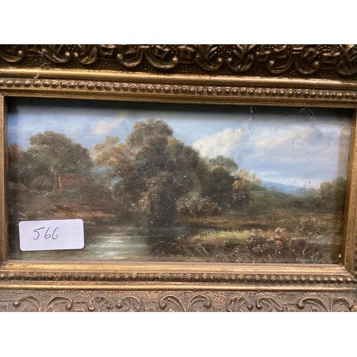 566 - Five pictures to include a gilt framed oil on canvas of children picking fruit. much wear to frame a... 