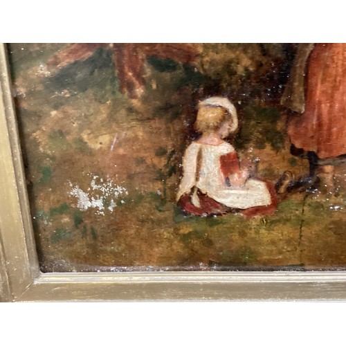 566 - Five pictures to include a gilt framed oil on canvas of children picking fruit. much wear to frame a... 