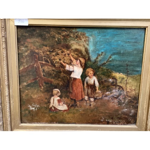 566 - Five pictures to include a gilt framed oil on canvas of children picking fruit. much wear to frame a... 