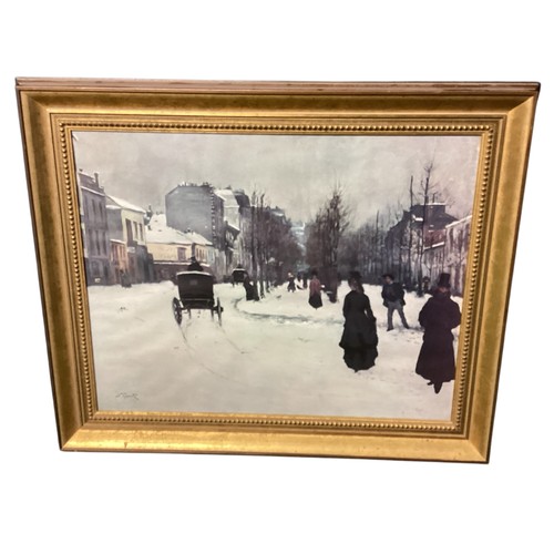 561 - Three unframed large contemporary canvases and glazed and framed winter scenes