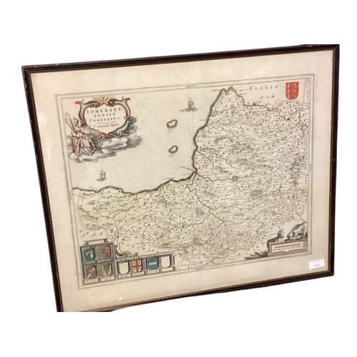 556 - Four framed and glazed vintage maps including Somerset 39 cm x 51 cm and others