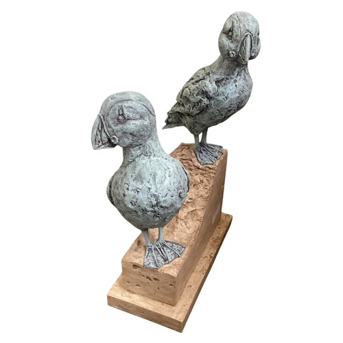 488 - Rebecca Lardner(b.1971) puffin point. Two models of Puffins on composite signed stone base. Numbered... 