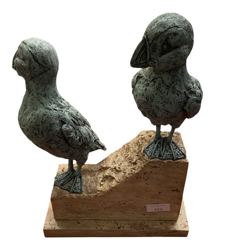 488 - Rebecca Lardner(b.1971) puffin point. Two models of Puffins on composite signed stone base. Numbered... 