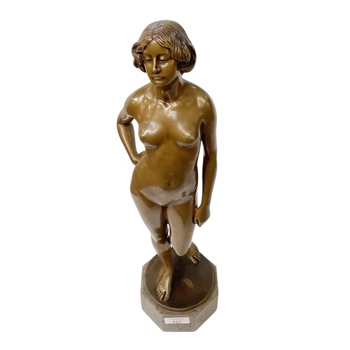 482 - Ernst Wagner (1877-1951) A Bronze model of a standing nude lady. Etched signature. On a hexagonal ha... 