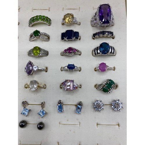 339 - Box of rings, silver and mixed semi precious stones and silver earrings, see images.  All marked 925