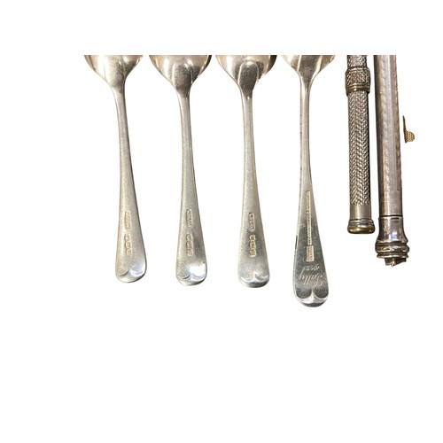 351 - A quantity of hallmarked Sterling Silver  teaspoons, sugar tongs, letter openers, and 4 plated retra... 