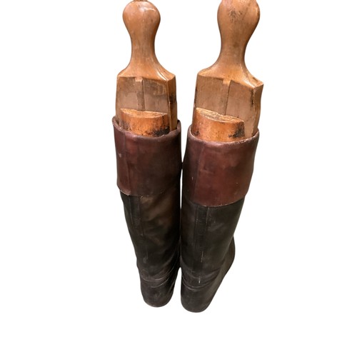 230 - Pair of hunting boots and wooden trees for condition see photos, size sole measures 29cm.