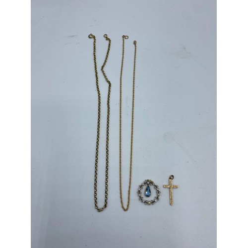 336 - A 9ct necklace chain stamped 9k 3.2g, a circular pendant with aqua drop and inset pearls, and a 9ct ... 