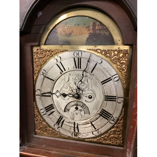 401 - An oak framed 8 day long case clock with ‘broken Swan neck pediment’, weight and pendulum present, 2... 