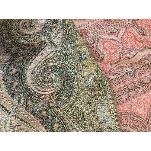 214 - Two Paisley throws/tablecloths both with damage and repairs. Two patterned throws/tablecloths. Embro... 