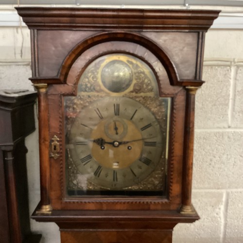 400 - A Long case clock  mahogany and walnut veneered 8 day , by Christopher Tucker London, The arch brass... 