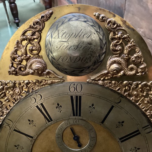 400 - A Long case clock  mahogany and walnut veneered 8 day , by Christopher Tucker London, The arch brass... 