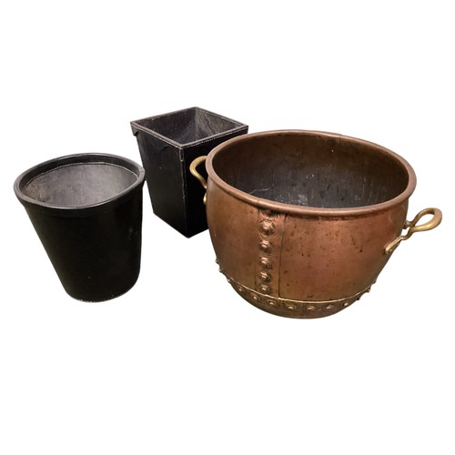 411 - A quantity of brass and copper wares, include large cauldron, teapot, a Victorian copper spirit kett... 