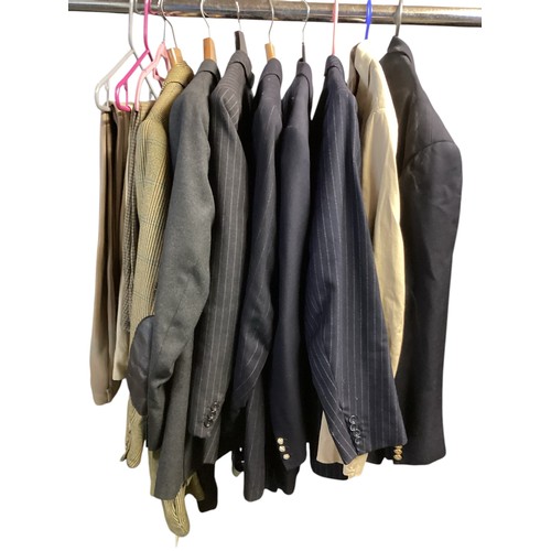 245 - Quantity of gentleman's clothes to include, two double navy blazers both with military buttons, one ... 