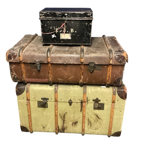 255 - Two vintage travelling trunks and a metal deed box, see photos for details and condition.