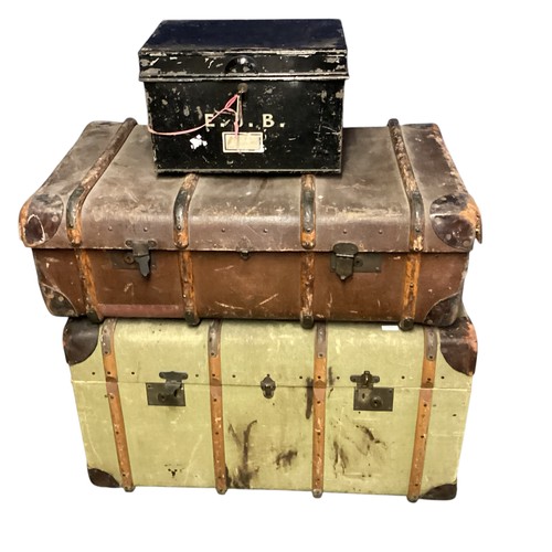 255 - Two vintage travelling trunks and a metal deed box, see photos for details and condition.