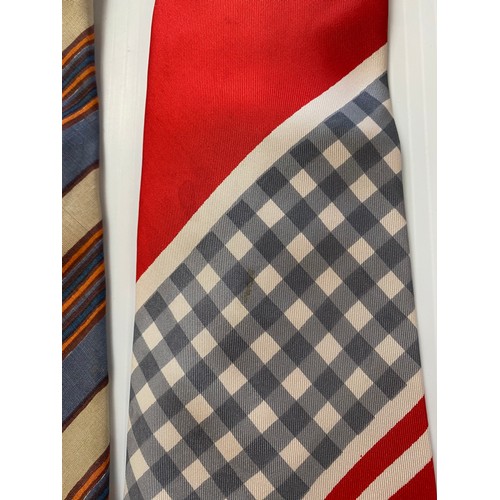 237 - Six ties, 70's style HARDY AMIES wide silk tie with stripes, red and gingham pattern 70's style Harr... 