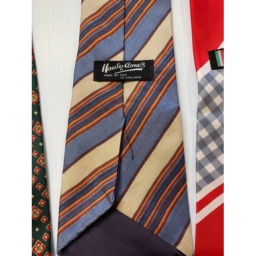 237 - Six ties, 70's style HARDY AMIES wide silk tie with stripes, red and gingham pattern 70's style Harr... 