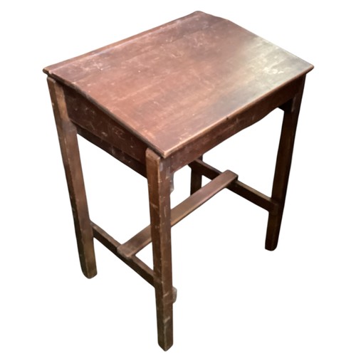 657 - A Lloyd loom laundry basket with hinged lid, two chairs, a child’s desk, oak stool and a cabinet.