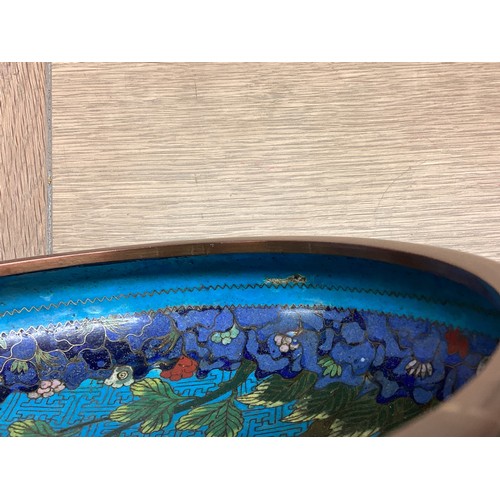 427 - A large cloisonné oriental dish, approx 24cm diameter. All over wear, some losses to interior, wear ... 