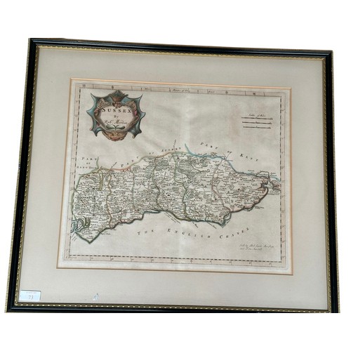 73 - A hand coloured framed and glazed map of Sussex