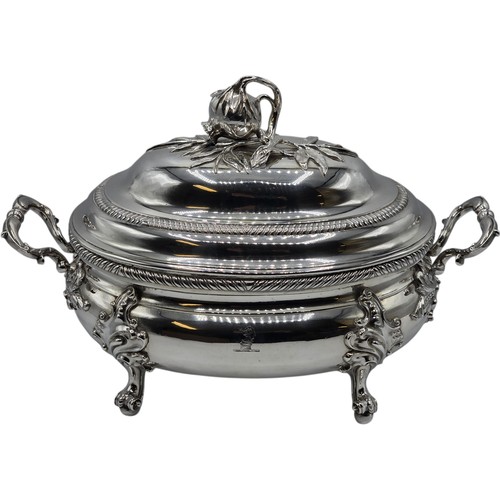2 - An Irish Silver lidded oval tureen with cast poppy finial,  loop handles on four scroll feet, 38 cm ... 