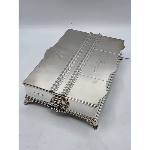 10 - A sterling silver inkwell desk tidy with two removable silver topped glass inkwells with articulated... 