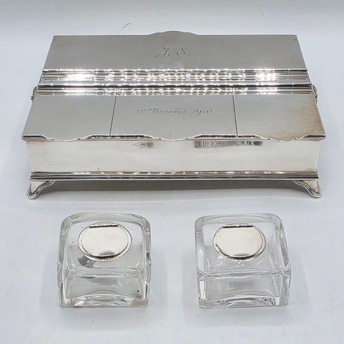 10 - A sterling silver inkwell desk tidy with two removable silver topped glass inkwells with articulated... 