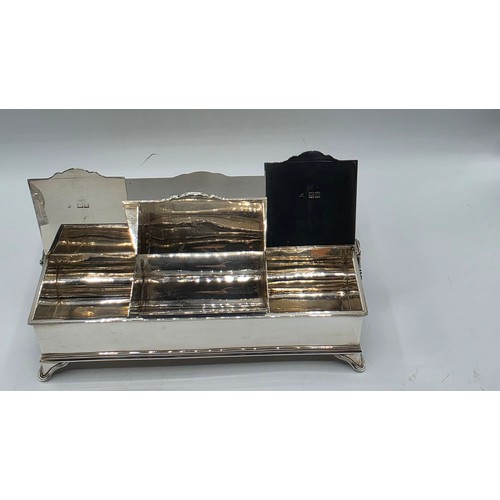 10 - A sterling silver inkwell desk tidy with two removable silver topped glass inkwells with articulated... 