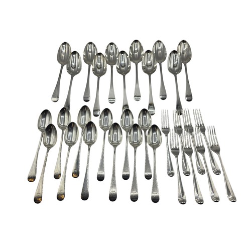 28 - A collection of sterling silver flatware, to include 8 desert forks, 12 desert spoons, 11 serving sp... 