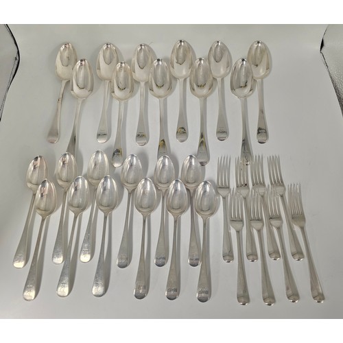 28 - A collection of sterling silver flatware, to include 8 desert forks, 12 desert spoons, 11 serving sp... 